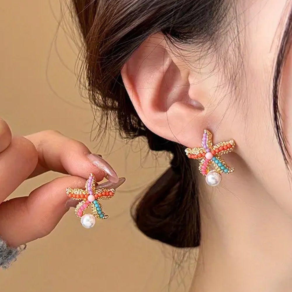NEW| Women’s Delicate & Colorful Starfish Earrings With Beads Faux Pearl